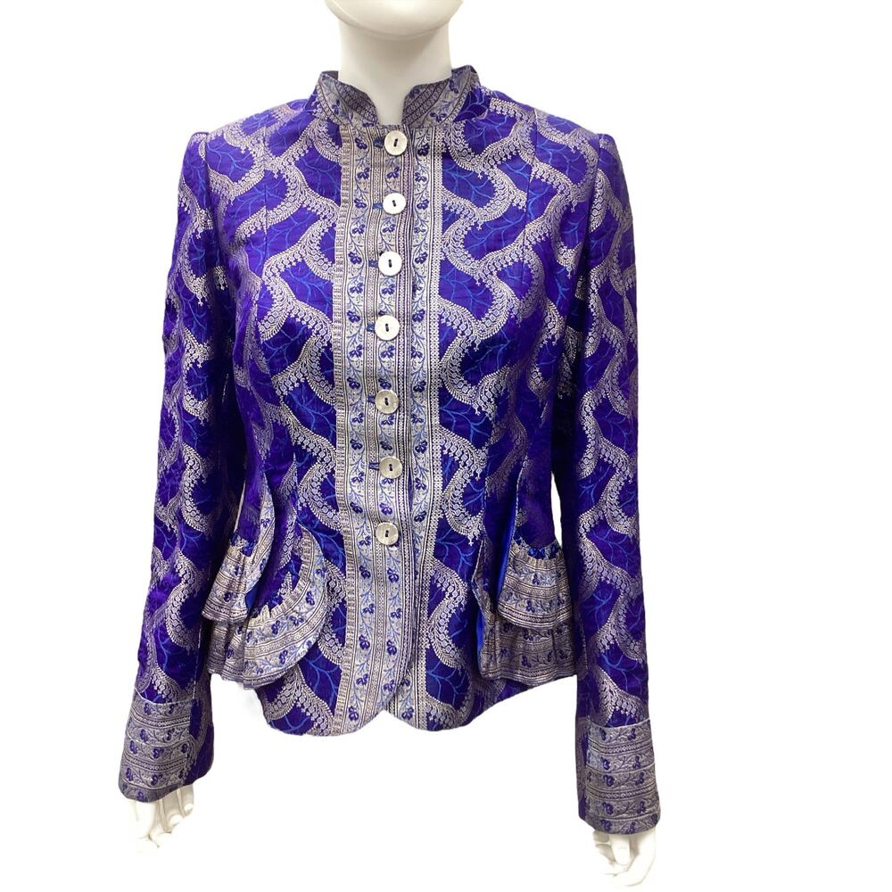 VTG Designer Polatof Women’s Blazer Size M Silk Embroidered Ruffled Royal Blue
